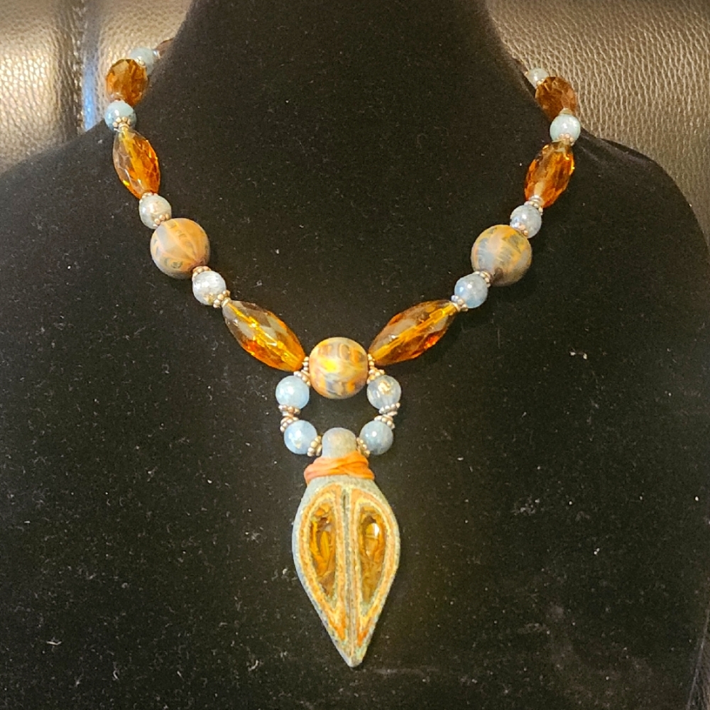Unique  Amber and Blue Beaded Necklace
